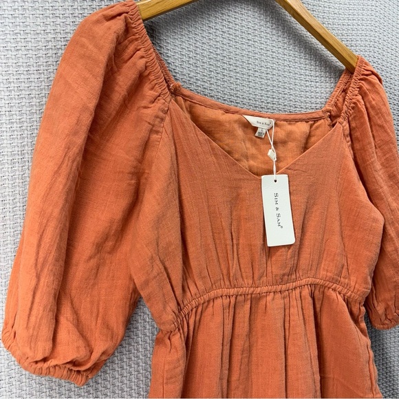 NWT Sim & Sam Orange 100% Cotton Mini Dress Sz L Peasant Boho Puff Short Sleeved - Picture 3 of 8